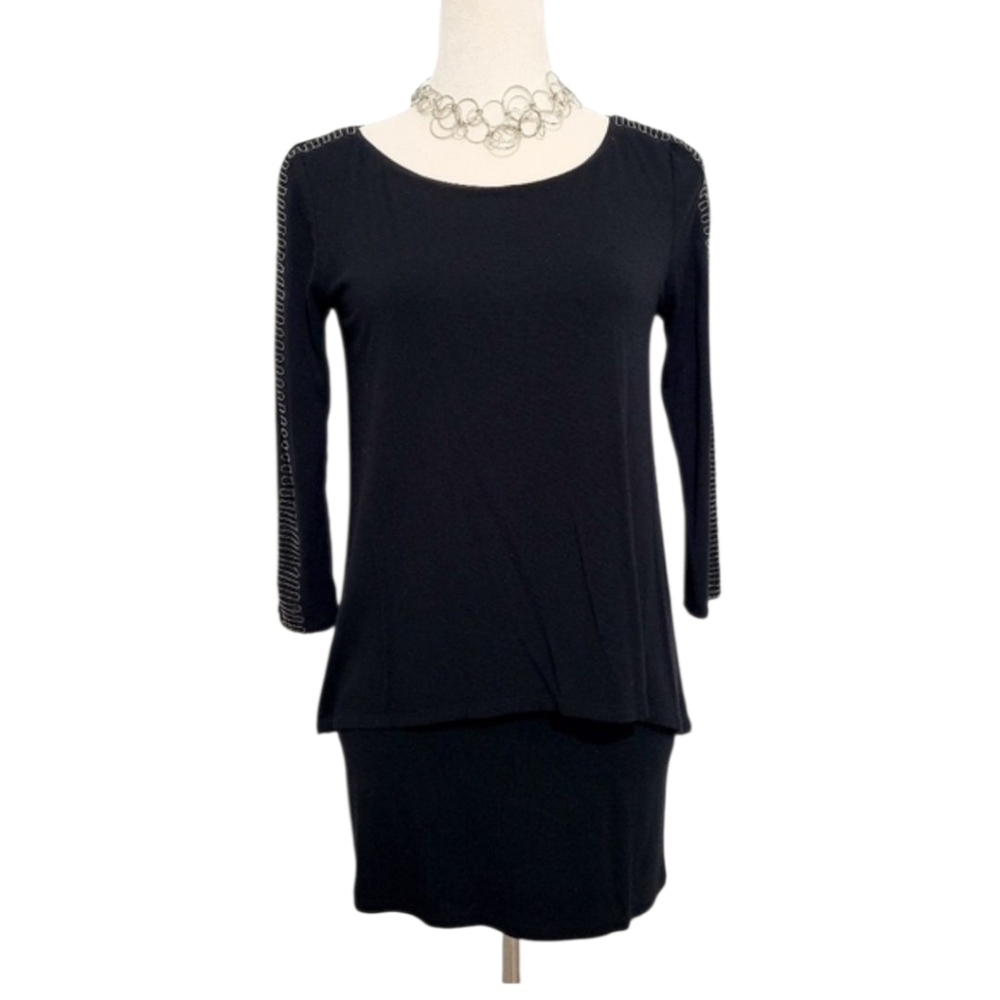 White House Black Market Black Tunic Top Beaded Detail Sleeves Women's Size XS